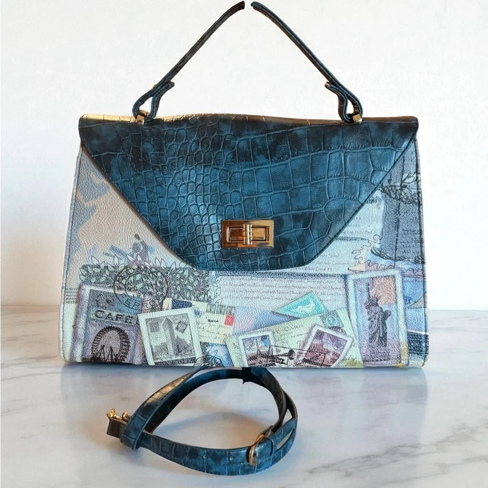 Gude Womens Handbag Crossbody Removable Strap NY, Paris Theme Blue Croc Pattern